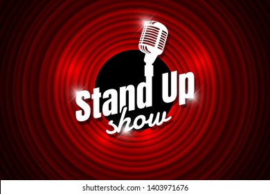 Stand up comedy night live show open mic on empty theatre stage. Vintage microphone against red curtain backdrop. Retro vector art image illustration