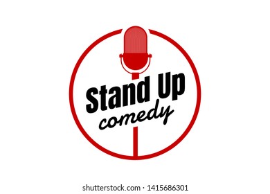 Stand up comedy night live show round sign. Retro microphone with inscription. Vintage vector illustration