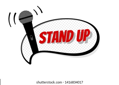 Stand up comedy night live show sign. Microphone silhouette with inscription on white comic bubble. Vector illustration