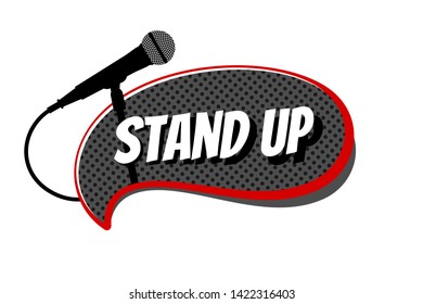 Stand up comedy night live show symbol mic. Microphone silhouette with inscription on black comic bubble. Vector illustration