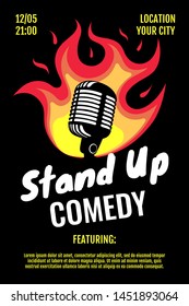 Stand Up Comedy Night Live Show A3 A4 Poster Design Template. Retro Microphone With Fire On Black Background. Hot Jokes Roast Concept Flyer. Vector Open Mic Illustration