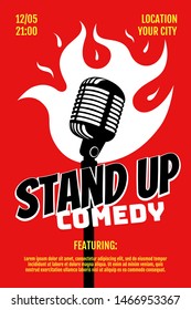 Stand up comedy night live show A3 A4 poster design template. Retro microphone with fire on red background. Hot jokes roast concept flyer. Vector open mic illustration