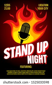 Stand Up Comedy Night Live Show A3 A4 Poster Design Template. Retro Standup Microphone With Fire On Black Gradient Background. Hot Jokes Roast Concept Flyer. Vector Open Mic Event Stage Illustration