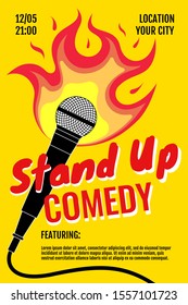 Stand Up Comedy Night Live Show A3 A4 Poster Design Template. Standup Microphone With Fire On Yellow Background. Hot Jokes Roast Concept Flyer. Vector Open Stage Mic Event Illustration
