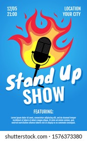 Stand Up Comedy Night Live Show A3 A4 Poster Design Template. Standup Microphone With Fire On Blue Background. Hot Jokes Roast Concept Flyer. Vector Open Stage Mic Event Illustration
