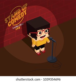 Stand Up Comedy Open Mic Female Comic Onstage Isometric Vector Art Illustration