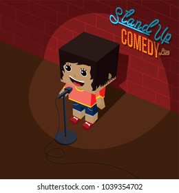 stand up comedy open mic female comic onstage isometric vector art illustration