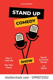 Stand Up Comedy Poster Design With Place For Your Text. Vector Illustration Open Stage Mic Event. Stand Up Comedy Show Flat Style Flyer, Poster, Background, Banner