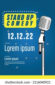 Stand Up Comedy Poster Design With Place For Your Text. Vector Illustration Open Stage Mic Event. Stand Up Comedy Show Flat Style Flyer, Poster, Background, Banner