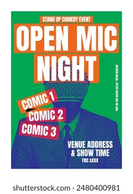 Stand Up Comedy Poster with Microphone head on body Silhouette. Popular events and culture concept, vector format