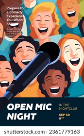 Stand up comedy poster. Open mic comedian night show print template. Advertising placard with laughing people. Funny event typography banner design. Vector eps flyer