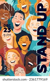 Stand up comedy poster. Open mic comedian night show print template. Promo placard with laughing spectators in hall. Typography banner design. Vector eps flyer