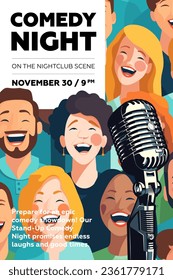 Stand up comedy poster. Open mic comedian night show print template. Promo placard with laughing people. Funny event typography banner design. Vector eps flyer