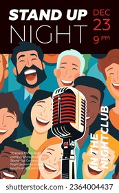 Stand up comedy poster. Open mic funny comedian night show print template. Promo placard with laughing people. Typography banner design. Vector eps flyer