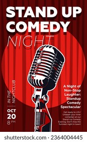 Stand up comedy poster. Open mic night comedian show print template. Vintage microphone in spotlight light on red curtain background. Typography banner design. Vector eps promo placard