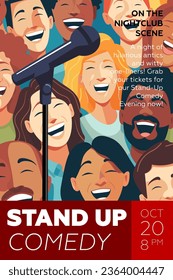 Stand up comedy poster. Open mic funny comedian night show print template. Party session promo placard with laughing spectators in hall. Typography banner design. Vector eps flyer