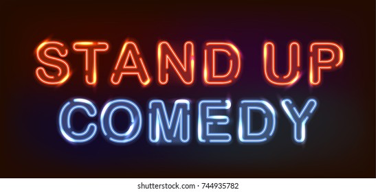Stand Up Comedy Red And Blue Neon Lights On Dark Background.