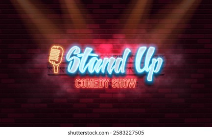 Stand Up Comedy. Retro neon sign on brick wall background. Vector illustration.