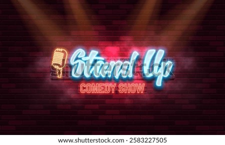 Stand Up Comedy. Retro neon sign on brick wall background. Vector illustration.