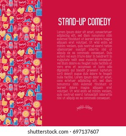Stand up comedy show concept in circle with thin line icons. Vector illustration for banner, web page, print media.
