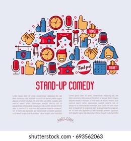 Stand up comedy show concept in half circle with thin line icons. Vector illustration for banner, web page, print media.