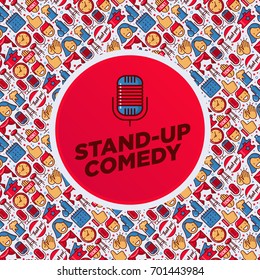 Stand up comedy show concept with thin line icons and microphone in the center. Vector illustration for banner, web page, print media.