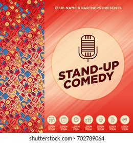 Stand up comedy show concept with thin line icons and microphone. Vector illustration for banner, web page, print media.