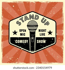 Stand up comedy show emblem, badge, label, logo in vintage colored style. Vector illustration with grunge textures on separate layers