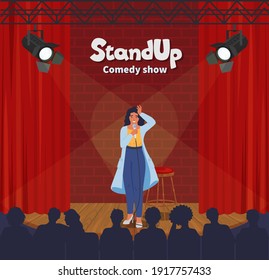 Stand Up Comedy Show. Female Comedian Telling Funny Stories, Jokes In Front Of The Audience On Theatre Stage, Flat Vector Illustration. Stand Up Live Performance, Entertainment Event.