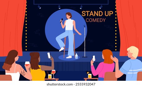 Stand up comedy show. Female talent comic with microphone standing on stage in spotlight to tell funny story for laughing audience at tables, perform standup monologue cartoon vector illustration