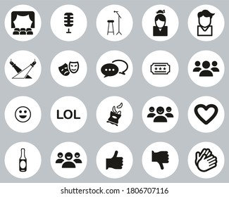 Stand Up Comedy Or Stand Up Show Icons White On Black Flat Design Circle Set Big