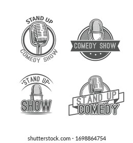 Stand up comedy show label badge elements with microphone. Snandup concept banner, isolated vector illustration.