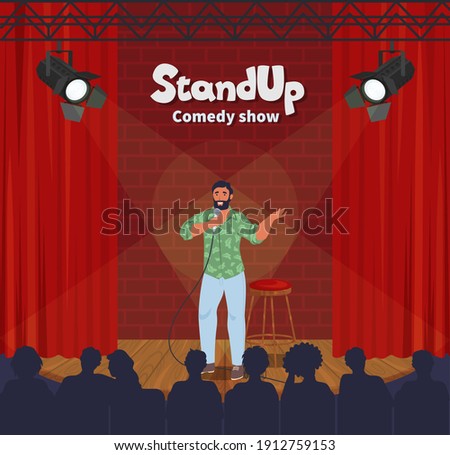 Stand up comedy show. Male comic telling funny stories, jokes in front of live audience, flat vector illustration. Stand up comedian cartoon character performing on theatre stage with microphone.