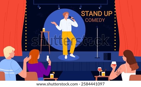 Stand up comedy show. Male talent comic with microphone standing on stage in spotlight to tell funny story for laughing audience at tables, perform standup monologue cartoon vector illustration