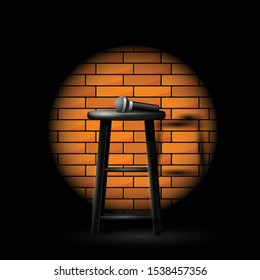 Stand Up Comedy Show - Microphone On Stool In Ray Of Spotlight And Brick Wall