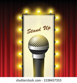 Stand up comedy show - microphone and retro movie theater marquee over drop-curtain