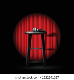 Stand up comedy show - microphone and stool in ray of spotlight and drop-curtain
