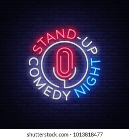 Stand Up Comedy Show is a neon sign. Neon logo, symbol, bright luminous banner, neon-style poster, bright night-time advertisement. Stand up show. Invitation to the Comedy Show. Vector