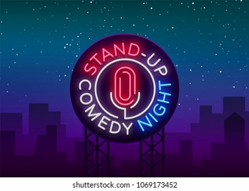 Stand Up Comedy Show is a neon sign. Neon logo, symbol, bright luminous banner, neon-style poster, bright night-time advertisement. Stand up show. Invitation to the Comedy Show. Vector