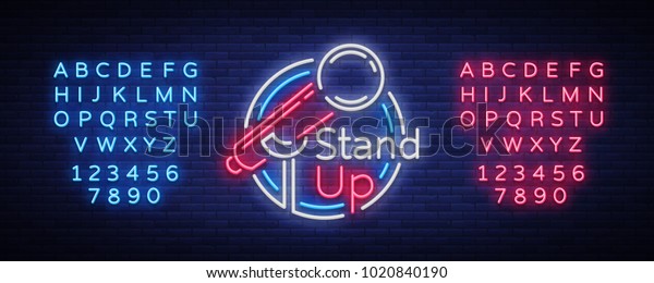 Stand Up Comedy Show is a neon sign. Neon logo,\
bright luminous banner, neon poster, bright night-time\
advertisement. Stand up show. Invitation to the Comedy Show.\
Vector. Editing text neon\
sign