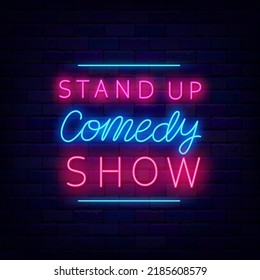 Stand up comedy show neon signboard. Comic night. Light sign. Party label. Outer glowing effect banner. Editable stroke. Vector stock illustration