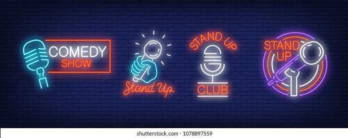 Stand Up Comedy Show Neon Signs Collection. Neon Sign, Night Bright Advertisement, Colorful Signboard, Light Banner. Vector Illustration In Neon Style.