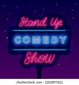 Stand Up Comedy Show Neon Street Billboard. Night Luminous Advertising. Comic Concert Poster. Comedian Night. Light Banner. Editable Stroke. Vector Stock Illustration