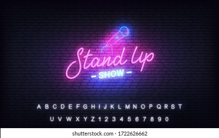 Stand up comedy show neon template. Stand up lettering and glowing neon microphone