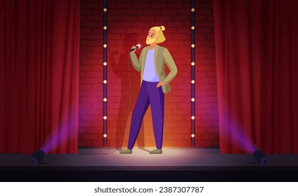 Stand up comedy show on stage with male comedian vector illustration. Cartoon funny man with beard holding microphone to speak, perform jokes, comic person standing in spotlight by red curtains