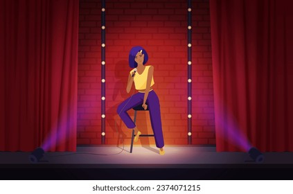 Stand up comedy show on theatre stage with female comedian vector illustration. Cartoon talent woman sitting on stool in spotlight, holding microphone to perform humor monologue and funny jokes