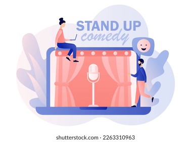 Stand Up comedy show online. Open mic. Invitation to Comedy concert. Modern flat cartoon style. Vector illustration on white background
