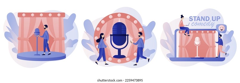 Stand Up comedy show. Open mic. Comedian on stage. Comic with microphone joking. Invitation to Comedy concert. Modern flat cartoon style. Vector illustration on white background
