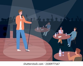 Stand up comedy show open microphone flat composition with view of club stage with guest tables vector illustration