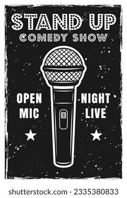 Stand up comedy show poster in black and white style. Vector illustration with grunge textures and text on separate layers